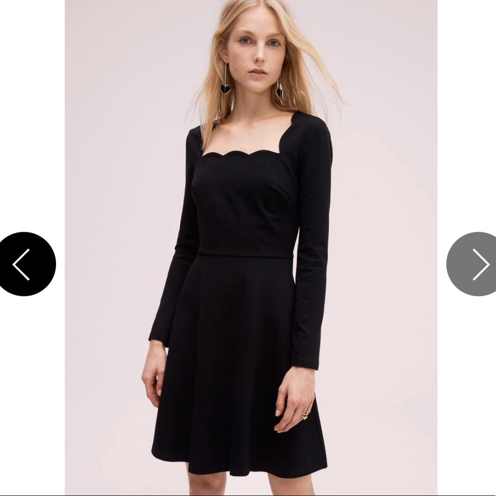 KATE SPADE Square-neck Scallop Ponte Black Long Sleeve Dress